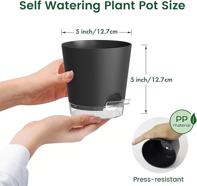 Meowell 5 inch Self Watering Flower Pots for Indoor Plants, 5 Pack Small Plant Pots with Drainage Holes & Clear Reservoir for Visible Water Level, Plastic Wicking Planter Pots for House Plants, Black