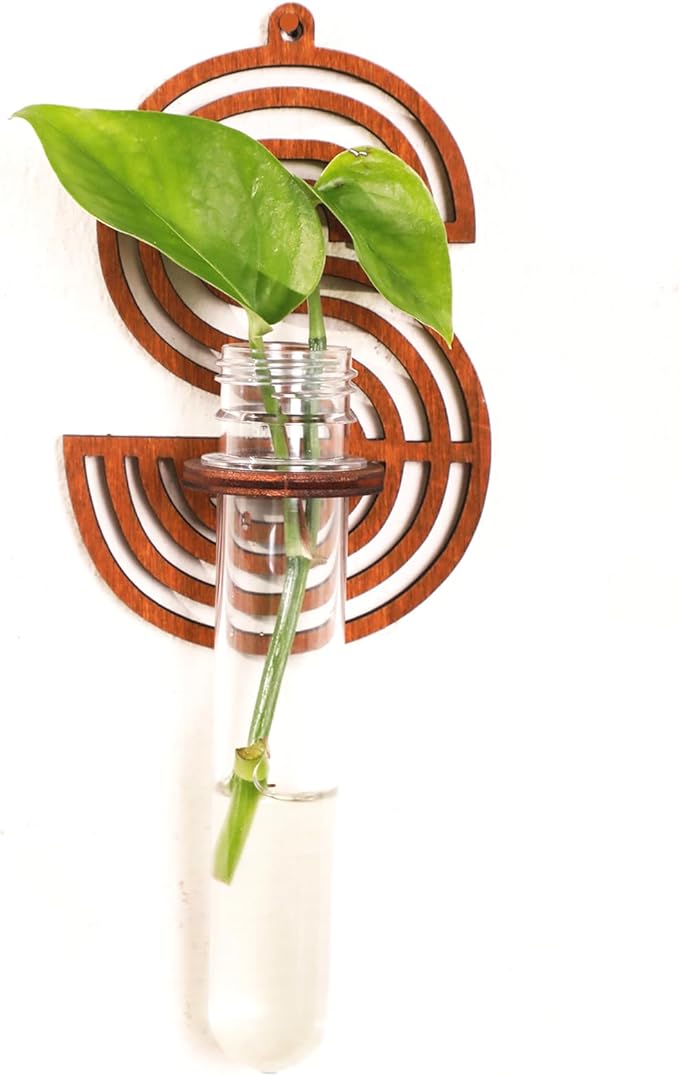 Wood Letter Wall Planter Terrariums Propagation Station with Test Tube Clear Flower Vase for Hydroponics Custom Vertical Garden Walnut DIY Home Decor Hanging Plant Holder Alphabet