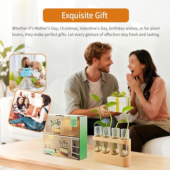 Rechargeable Plant Propagation Station with Wooden Stand,Desktop Terrarium Home Decor Dimmable LED Light 4 Glass Tubes Vases for Hydroponic Plants for Women