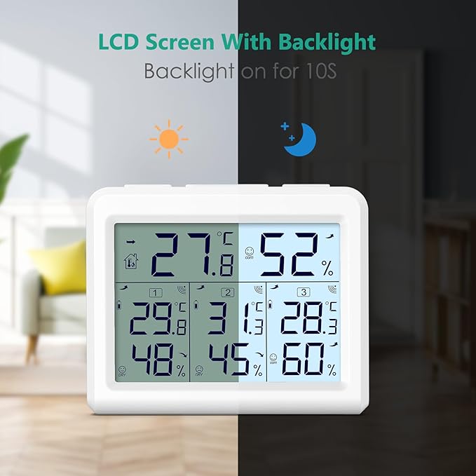 ORIA Indoor Outdoor Thermometer, Digital Hygrometer Thermometer, Wireless Temperature and Humidity Gauge Monitor with 3 Sensors, LCD Backlight for Home, Office, Bedroom, White