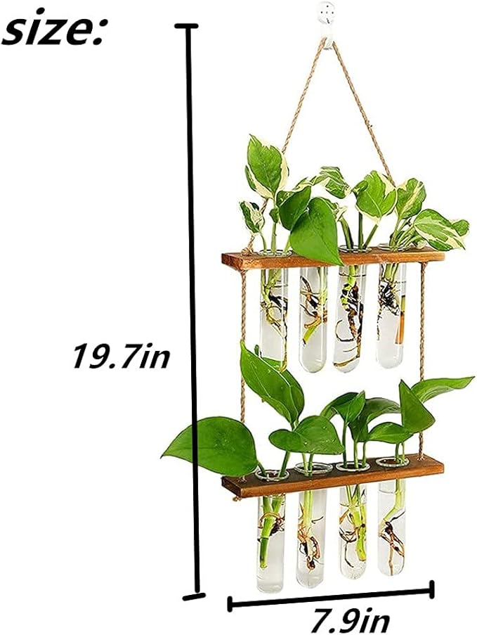 Hiuxume 2 Tiered Wall Hanging Planter, Wooden Stand with Glass Planter Test Tube Vase for Hydroponic Plant Propagation, Perfect for Indoor and Outdoor Decor
