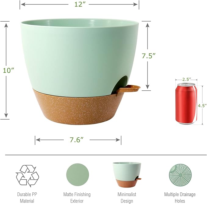 UOUZ 12inch 2Pack Large Self Watering Planters, Plastic Plant Pots with 60oZ Removable Deep Reservoir and Multi Mesh Drainage Holes for Indoor Outdoor Garden Plants and Flowers, Green with Brown