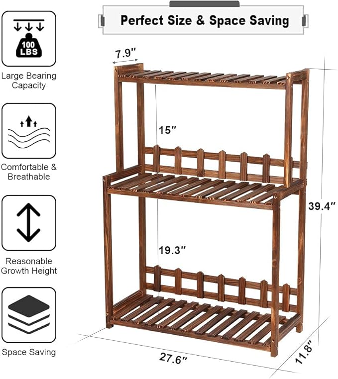 Ufine 3 Tier Wood Plant Stand Vertical Plant Display Shelf Indoor Ourdoor Plant Rack, Balcony Living Room, Kitchen, Porch Organizer Plants Holder