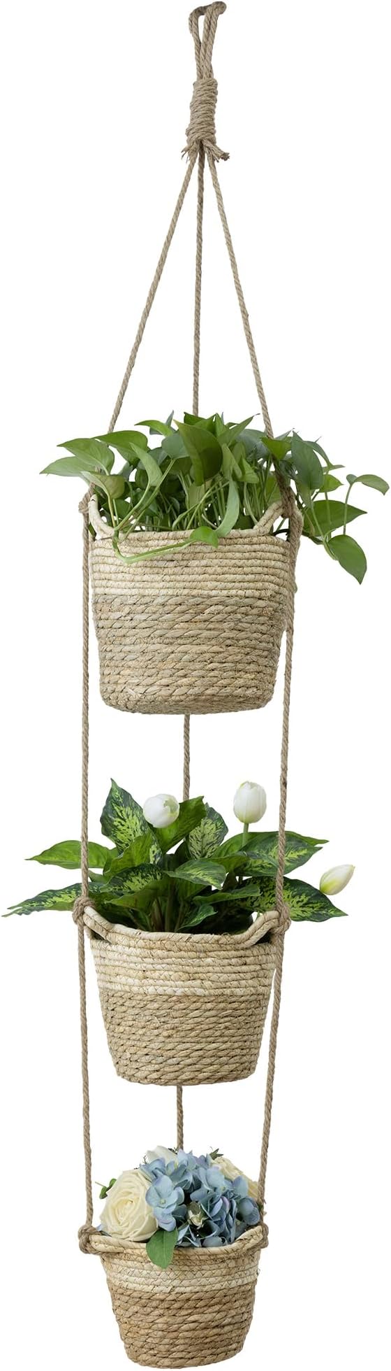 Navaris Seagrass Hanging Plant Pot Set - Decorative Indoor House Plant & Flower Pots with Jute Rope - Woven Basket Pattern for Home Storage - Small, Medium and Large Planters