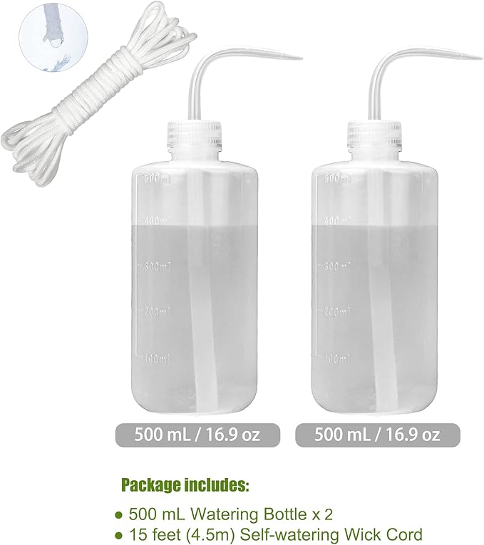 ORIMERC 2 Pack 500mL Watering Bottle with 15 feet Self Watering Wick Cord for Indoor Plants Succulent Cactus Plastic Squeeze Water Can Long Nozzle Waterer Bonsai Terrarium Orchids Seedling Lab Wash