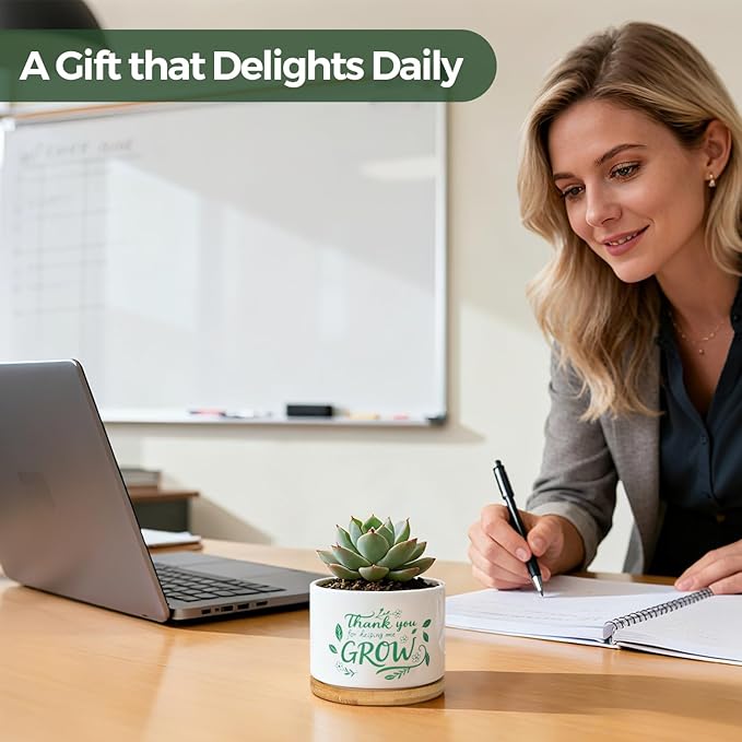 T4U Thank You for Helping Me Grow, 1 Pack Thank You for Helping Me Grow Gift for Teacher, Mini Succulent Pots for Plant Lovers,Thanksgiving Teacher Gift, Small Cactus (3.5 Inch)