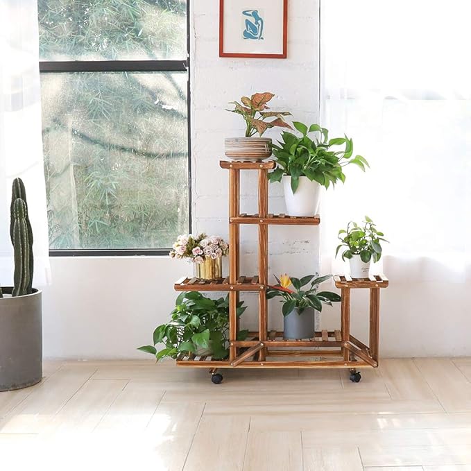 unho Plant Stand with Wheels: 6 Tiered Wooden Shelf Rolling Storage Rack Holder for Patio Garden Livingroom Balcony Yard Indoor Outdoor Display Potted Flowers Succulents Herbs