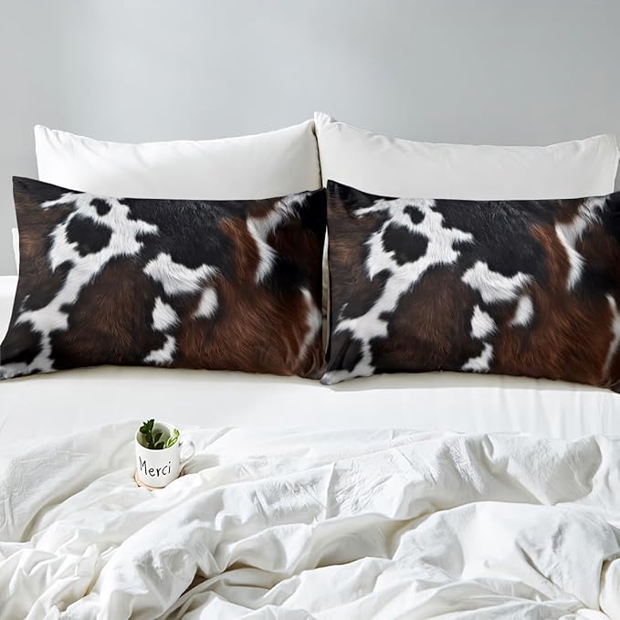 Feelyou Cow Fur Bed Sheets Kids Cowhide Leather Hair Sheet Set Women Men Microfiber Soft Rustic Cow Skin Decor Bedding Set Brown Farmhouse Bed Sheet Set Full Size Bed Set 4Pcs