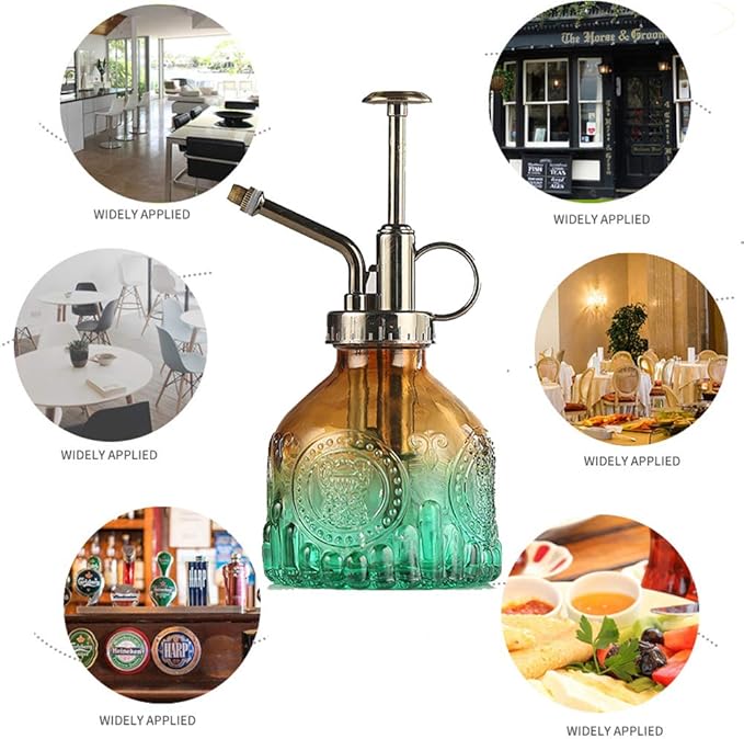 Plant Mister Glass Spray Bottle Small Plant Watering Can 6.4" Tall Retro Indoor Watering Can Bronze Plastic Top Pump for Garden Indoor Plant Sprayer (Brown Green Gradient)