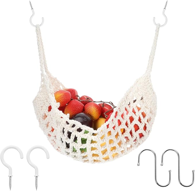 Hanging Fruit Hammock Under Cabinet Macrame Basket for Kitchen with Hooks Hand-Woven Boho Fruit Holder Net Organization Banana Basket for Home Dining Room Cabinet Decor Boat Camper Rv