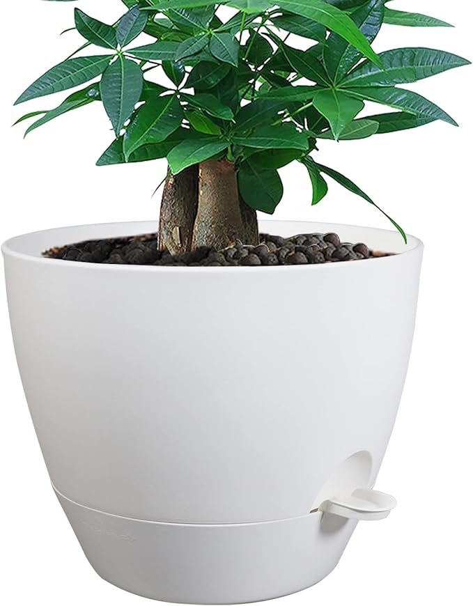 UOUZ 12inch Self Watering Pots, Plastic Planters with Mesh Drainage Holes and Deep Reservoir for Indoor Outdoor Garden Plants and Flowers, White