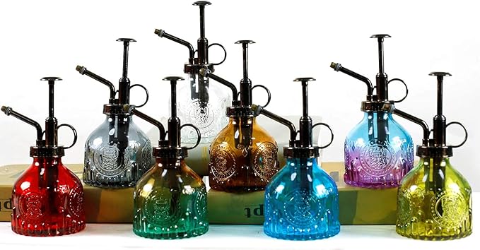 Hniuyun Glass Plant Mister Spray Bottle, 6.4 All Vintage Plant Spritzer Watering Can, Bronze Plastic Top Pump, Plant Mister Glass Watering Garden Tool (Blue)