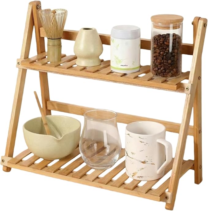 Matcha Station Organizer Shelf：Bamboo organizer for coffee bar,Matcha Whisk,Small plants,bathroom,11.7" Foldable Countertop Display Rack for Kitchen,Window Sill&Living Room 2 Tier