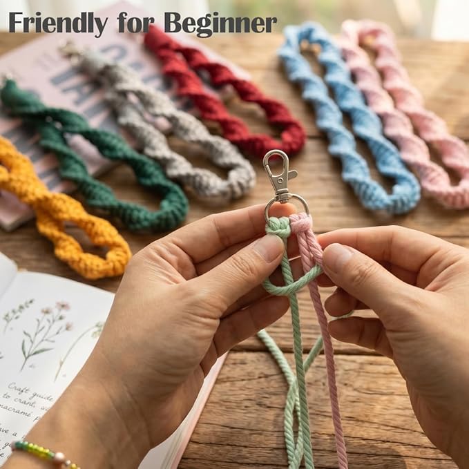 Ewparts Macrame Keychain Kit for Beginner Boho Adult Craft DIY Kits with Precut Macrame Cord 3mm with Instruction Tutorials to Make 8 Macrame Keychains Lanyards for Kids Women Starters DIY Crafts Kit