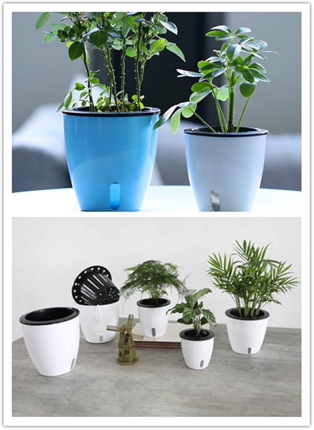 5 Pack Lazy Flower Pots Water Plants Pot/Self Watering Planter with Visible Water Level,Flower Root Care Seedlings Nursery Pot Planter Plants Pots Indoor Out Flowerpot Window Balcony (White)