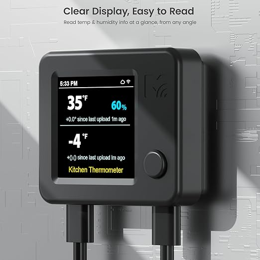 MOCREO WiFi Refrigerator Thermometer with Freezer Alarm, Dual Probes Digital Temperature Sensor with App & Email Alert, 2 Years Free Data Export, for Fridge, Kitchen