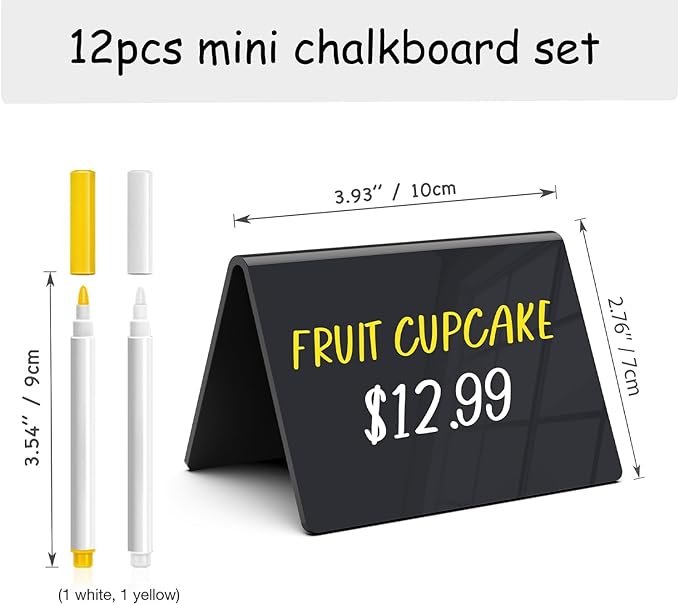 PigPotParty Acrylic Mini Chalkboard Signs for Food, 12 Pcs 4"x3" Small Food Labels for Party Buffet, Glossy Black Table Place Cards for Wedding, Elegant Event Decorations, w/ 2 Wet Erase Markers