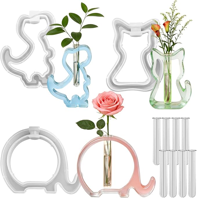 3 Pcs Animal Silicone Vase Molds for Resin Casting, lyfLux Cat Elephant Dinosaur Design Epoxy Molds Set with 8 Test Tubes, Hydroponic Plant Propagation Station & Desktop Decor DIY Crafts