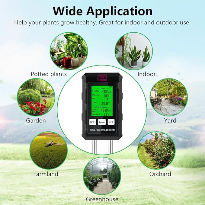 6-in-1 Moisture Meter, 2026 Dual Probe Soil Tester, Moisture/pH/Temperature/Sunlight/Air Humidity/Fertility, Perfect for Farming, Gardening, Lawns, Outdoor (2*AAA Battery Needed)