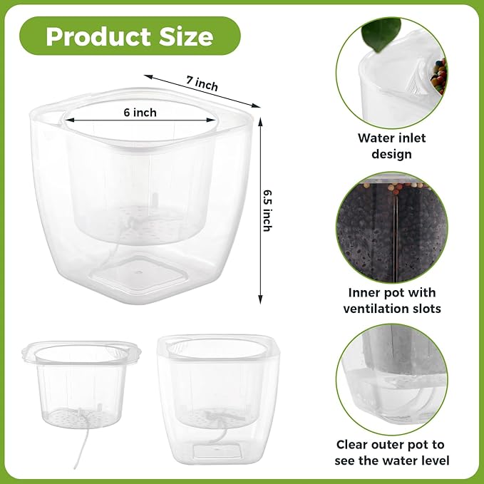 12-Pack Clear Self Watering Planters for Indoor Plants 7" Large African Violet Plant Pots Plastic Wick Flower Pots with Water Injection Hole, Orchid Plant Pot Set, Clear