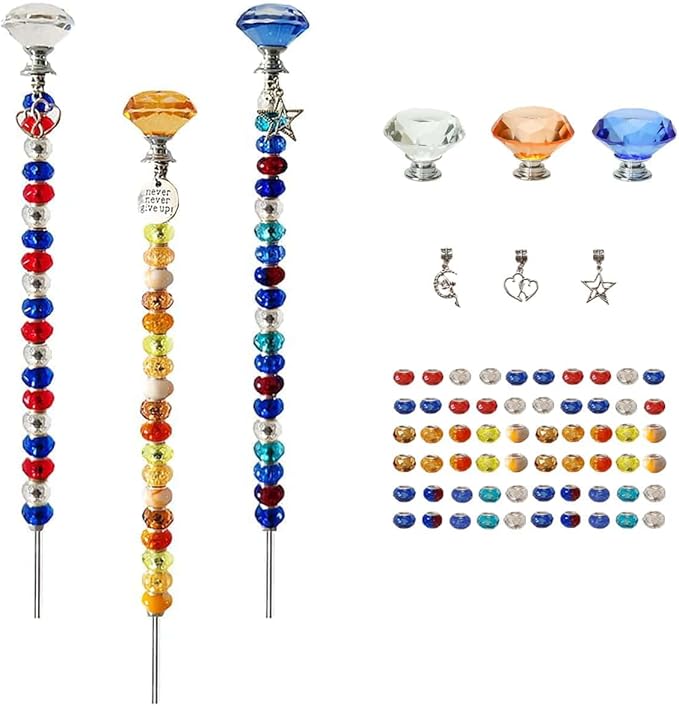 72Pcs DIY Garden Stakes Decorative Beadable Items for Different Festivals Fairy Wand Beaded Garden Stakes Kit Fairy Garden Accessories Outdoor, Diamond-(Orange+Blue+Whit)