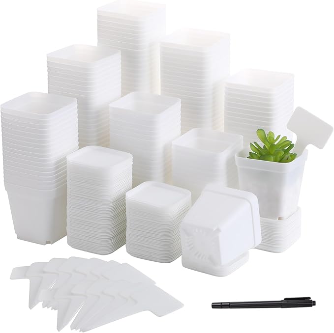 140 Pcs 3 Inch Plastic Plant Pots Square Seedling Nursery Pots Reusable Small Plant Pots with Saucers 140 Pcs Waterproof Plant Labels T Type Plant Tags Marking Pen for Garden Balcony Office (White)