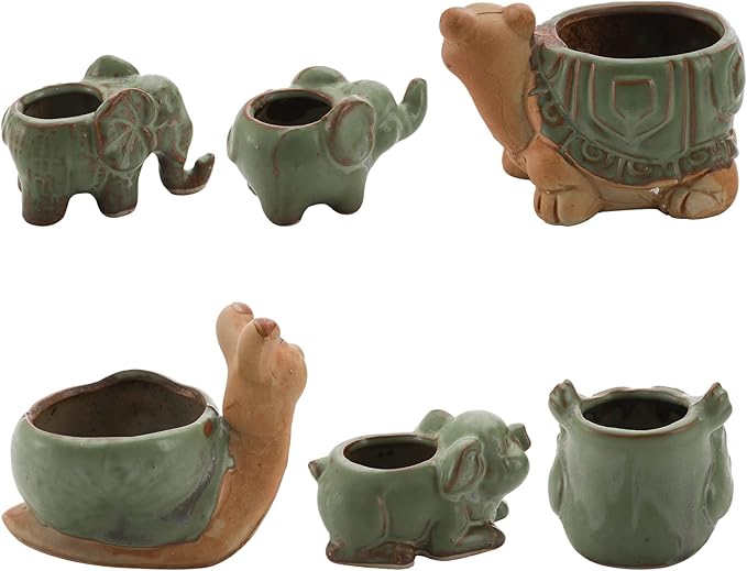 Okllen 6 Pack Mini Animal Ceramic Succulent Planter Set, Cute Elephant, Turtle, Owl, Snail, Succulent Pots with Drainage Hole, Ideal for Bonsai, Indoor, Outdoor