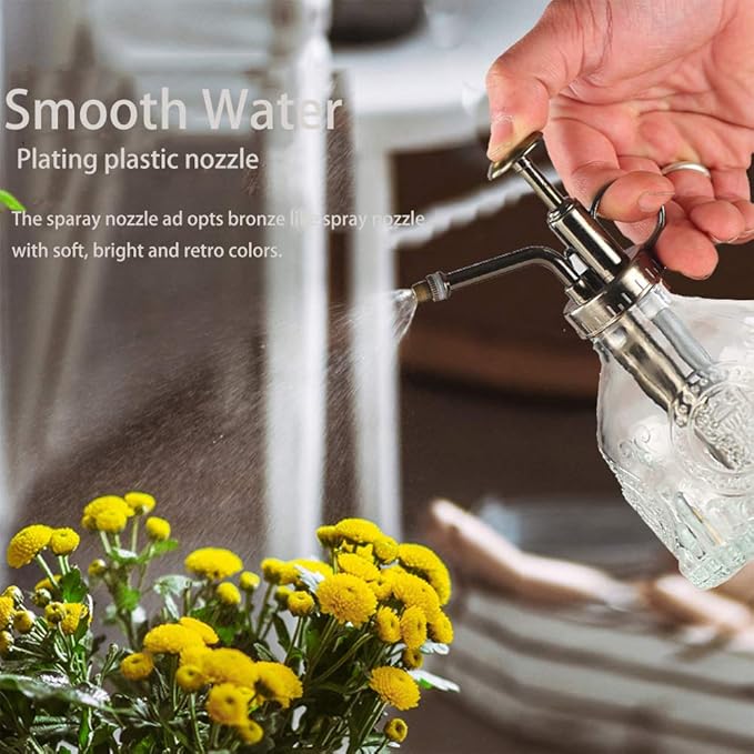 Plant Mister Glass Spray Bottle Small Plant Watering Can 6.4" Tall Retro Indoor Watering Can Bronze Plastic Top Pump for Garden Indoor Plant Sprayer (Transparent)
