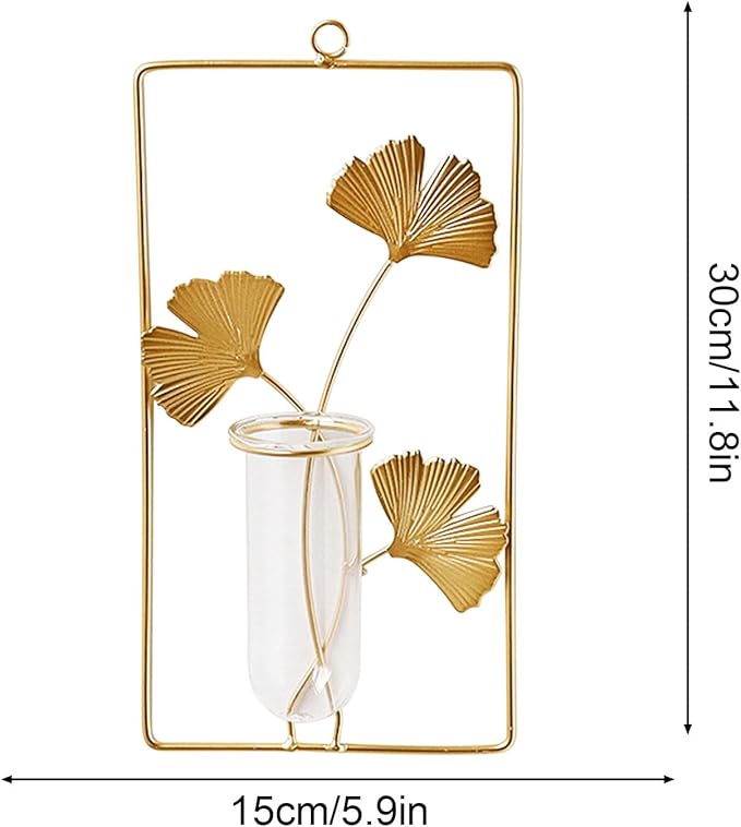 Hanging Gold Wall Decor Flower Tubes Geometric Metal Vase Hydroponic Planter with Leaf Decoration Wall-Mounted Nordic Vase for Displaying Dried Flowers & Fake Flowers (Rectangle)