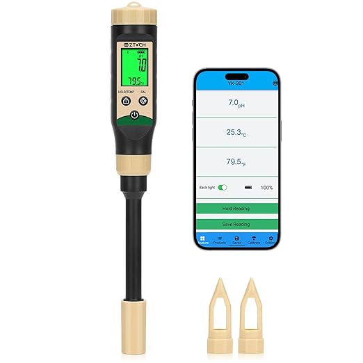 Soil pH Meter for Food, Bluetooth Water pH Tester for Soil & Hydroponic, Digital pH Temp Meter for Blueberry Jam with ATC for Canning, Dough, Garden Lawn, Indoor Outdoor Plants, Raised Garden Beds