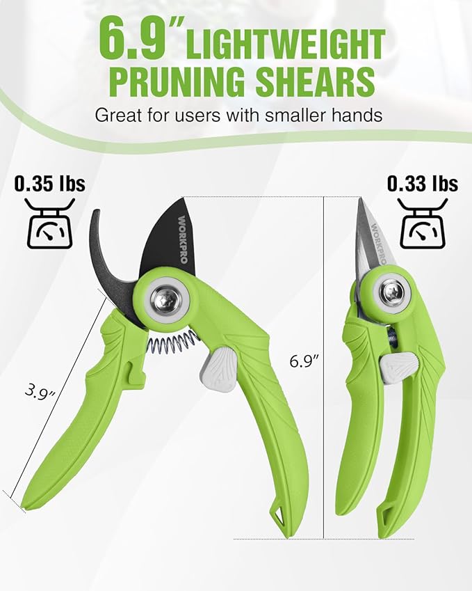 WORKPRO 2-Pack 6.9" Garden Pruning Shears, Bypass & Straight Gardening Scissors with SK5 Steel Blade, Handheld Garden Floral Clippers for Rose, Plants, Flowers, Gardening Gifts for Women & Men, Green