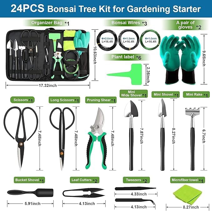 Bonsai Tools Kit - Bonsai Tree Tools Set with 24 Accessories, Bonsai Wire, Pruning and Trimming Tools for Beginners and Adults, Complete Bonsai Care and Starter Kit