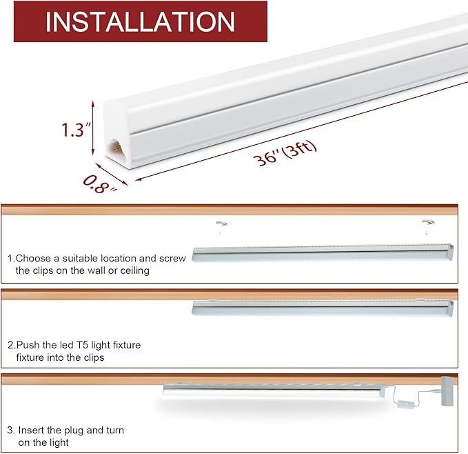 Kihung (8 Pack LED T5 3FT Tube Light Fixture, 15W, 1800lm, 6500K, 3 Foot Linkable LED Shop Light Tube, Ceiling, Workshop, Corded Electric with Built-in ON/Off Switch