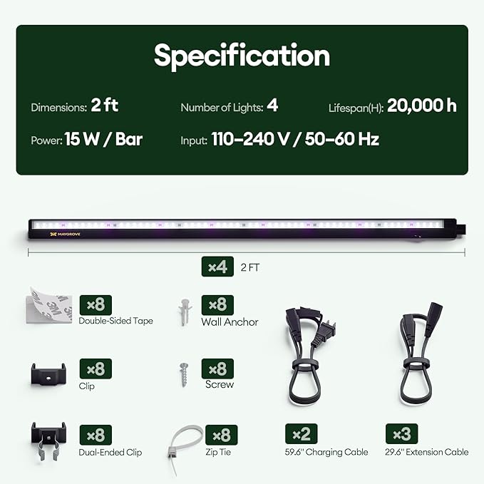 Maygrove Grow Lights for Indoor Plants, Tunable Spectrum 2FT LED Growing Lamp 28W (4 x 15W), T5 Grow Light Strip for Seed Starting, Vegetables, Linkable, Black, 4-Pack