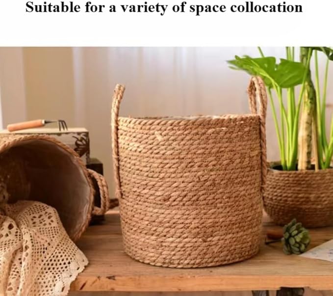 Handmade Rattan Woven Flowerpot Straw Woven Storage Basket Plant Holder Flower Pot Planter Balcony Home Decoration(9.84''X7.87''X9.84'')