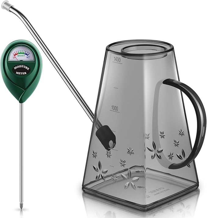 Indoor Plants Watering Can for Indoor Plants Long Probe Soil Moisture Meter Long Spout Watering Cans Water Monitor Indicator for Pot Flower House Gardening Farming(Gray,1.4 L,Trapezoid)