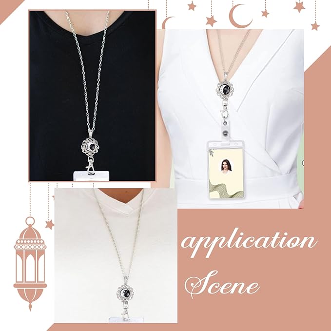 SUNNYCLUE 1 Box 12 Styles Snap Button Lanyard Moon Star Planet ID Badge Necklace Cute Gothic Style Black White Badges Holder Breakaway Stainless Steel Lanyard Chain for Holders Keys Men Women