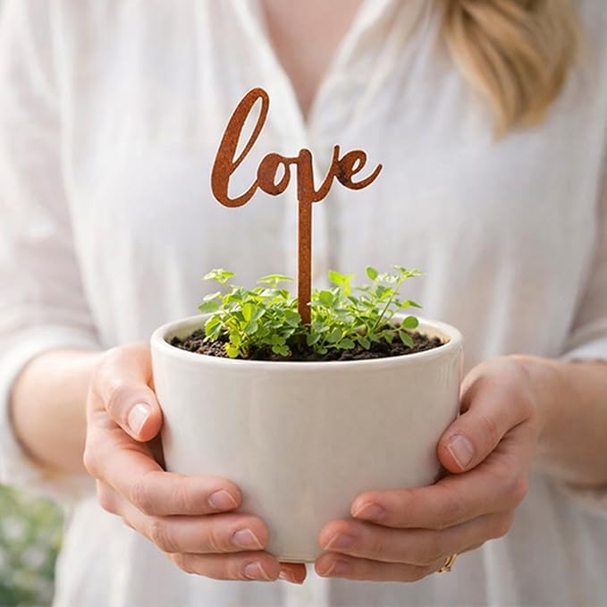 Love Text Metal Garden Stake – Powder-Coated Rustic Plant Pick for Pots & Planters, Indoor/Outdoor Decorative Accent