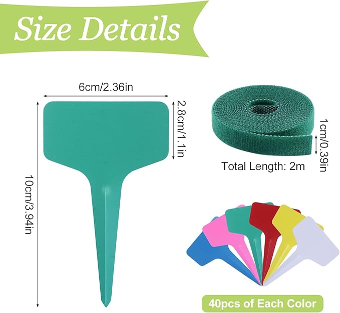 240Pcs 6 Colors Plant Labels with Plant Tie Waterproof Plastic Garden Stake Tags Reusable T-Type Nursery Garden Makers for Seedlings Flower Vegetables Herb Potted (6x10cm)