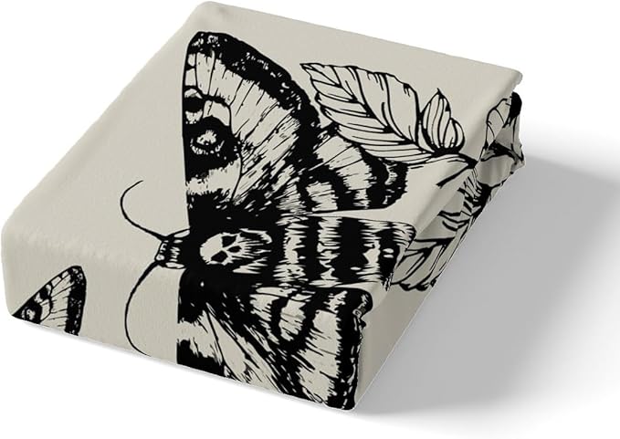 Feelyou Gothic Skull Bedding Set Decorative Death Moth and Flowers Sheet Set Queen Size for Kids Teens Adults Bedroom Decor Breathable Pesonalized Skeleton Bones Bed Sheet Set Black Cream Bed Sheets