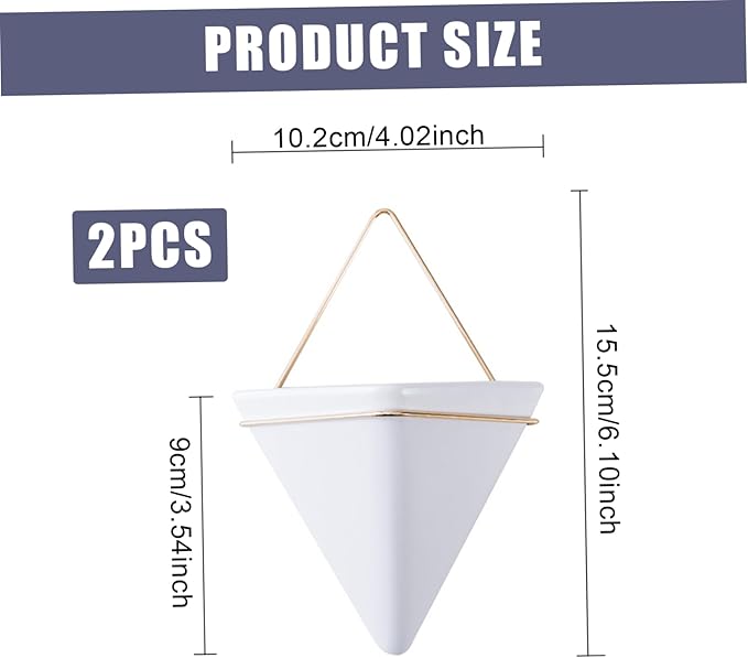 Flower Pots, Hanging Planter, 2PCS Geometric Triangle Wall Plant Holder, Ceramic Wall Mounted Plant Holder, for Succulent, Faux Plants, Home and Office Decor, White