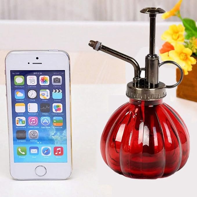Mr. Glass Water Plant Spray Bottle 6.3 Inch Tall Round Retro Style Pumpkin Shape Moisturizing Atomizer for Plant Fine Mist Cleaning Solution Hairdressing Sprayer Houseplant Red (Red)