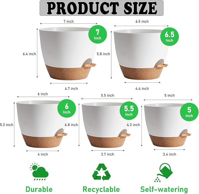 5-Pack Plant Pots with Drainage 7/6.5/6/5.5/5 Inch, Self Watering Pots for Indoor Plants, Planters for Indoor Outdoor Plants, Plastic Flower Pot, Planter for Indoor Outdoor (White)