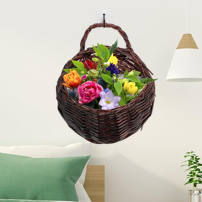 Woven Hanging Basket 9X7X4 Inch Dark Brown Rattan Wall Hanging Planter for Indoor Decorative Flower Storage Kitchen Bathroom Living Room