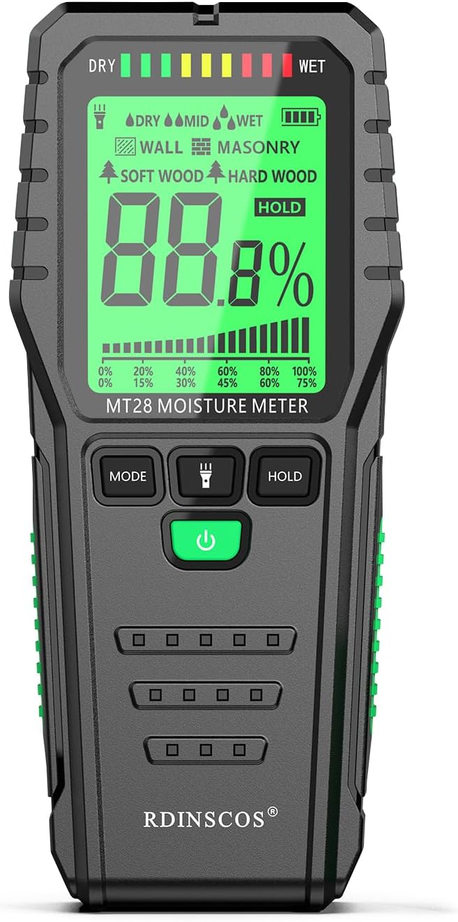 Pinless Moisture Meter for Wood Concrete – Digital Moisture Tester with 3-Color LCD Display, Audible Alarm & HOLD Function – Ideal for Firewood, Lumber, Home Inspections (Green)