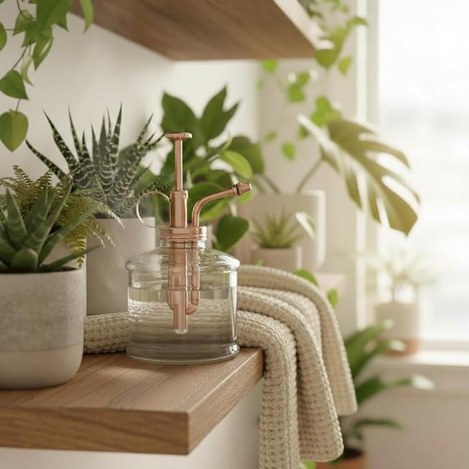 Plant Mister- Glass Bottle & Brass Sprayer (Clear & Rose Gold)