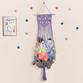 Stuffed Animal Storage Net, 63’’ Jumbo Stuffed Animal Hammock Corner Wall Ceiling Over Door Hanging Toy Hammock Organizer, Purple Boho Macrame Plushie Toy Net w/ LED Lights for Baby Boys Girls Gift
