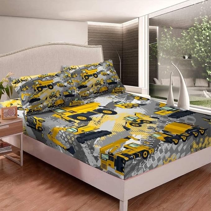 Kids Cartoon Car Bed Sheet Set King Size Boys Construction Vehicles Bedding Set for Teens Children Cartoon Machinery Truck Bed Sheets Set Construction Site Cars Bed Cover 4Pcs, Super Soft,Breathable