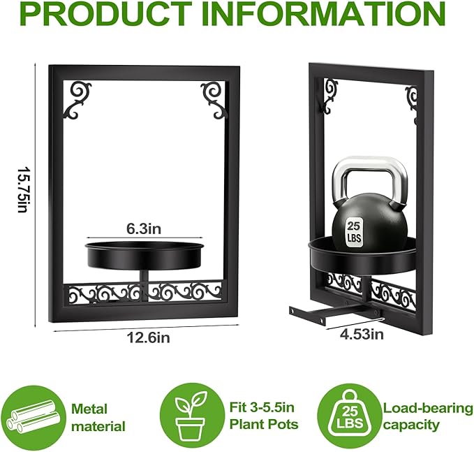 WGFKVAS Wall Plant Holder Set of 3, Picture Frame Plant Holder, Rustproof Holder Metal Modern Style Home Gardening Wall Decor for Living Room Bedroom, Entryway, Black