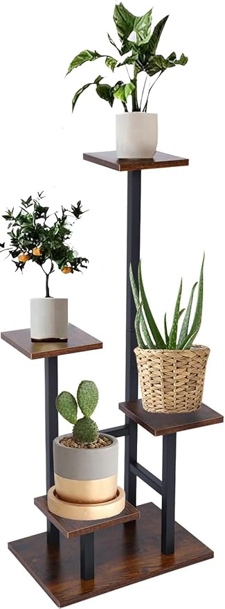 4 Tier Plant Stand for Indoor Plants, Modern Wood & Metal Flower Shelf with Wooden Shelves - Multi-Tiered Display Rack for Living Room, Balcony, Patio, Easy to Assemble Space Saver, Brown